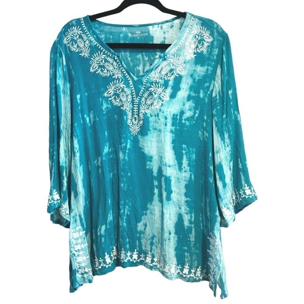 Turquoise blue tie dye embroidered gauze tunic v neck cover up or blouse size M